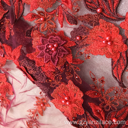 Red Handwork Beaded Embroidery Fabric